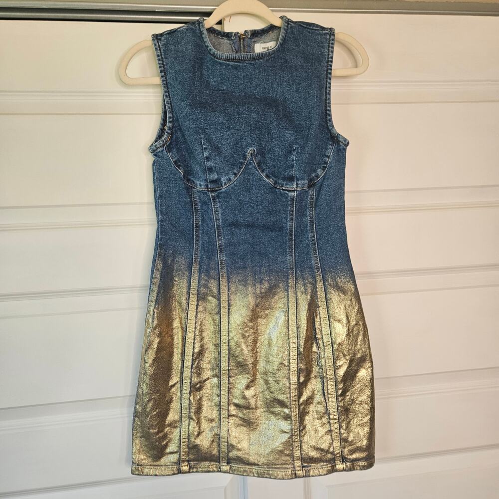 Forever 21 Metallic Gold Ombre Foil Denim Mini Dress Small - Picture 2 of 8